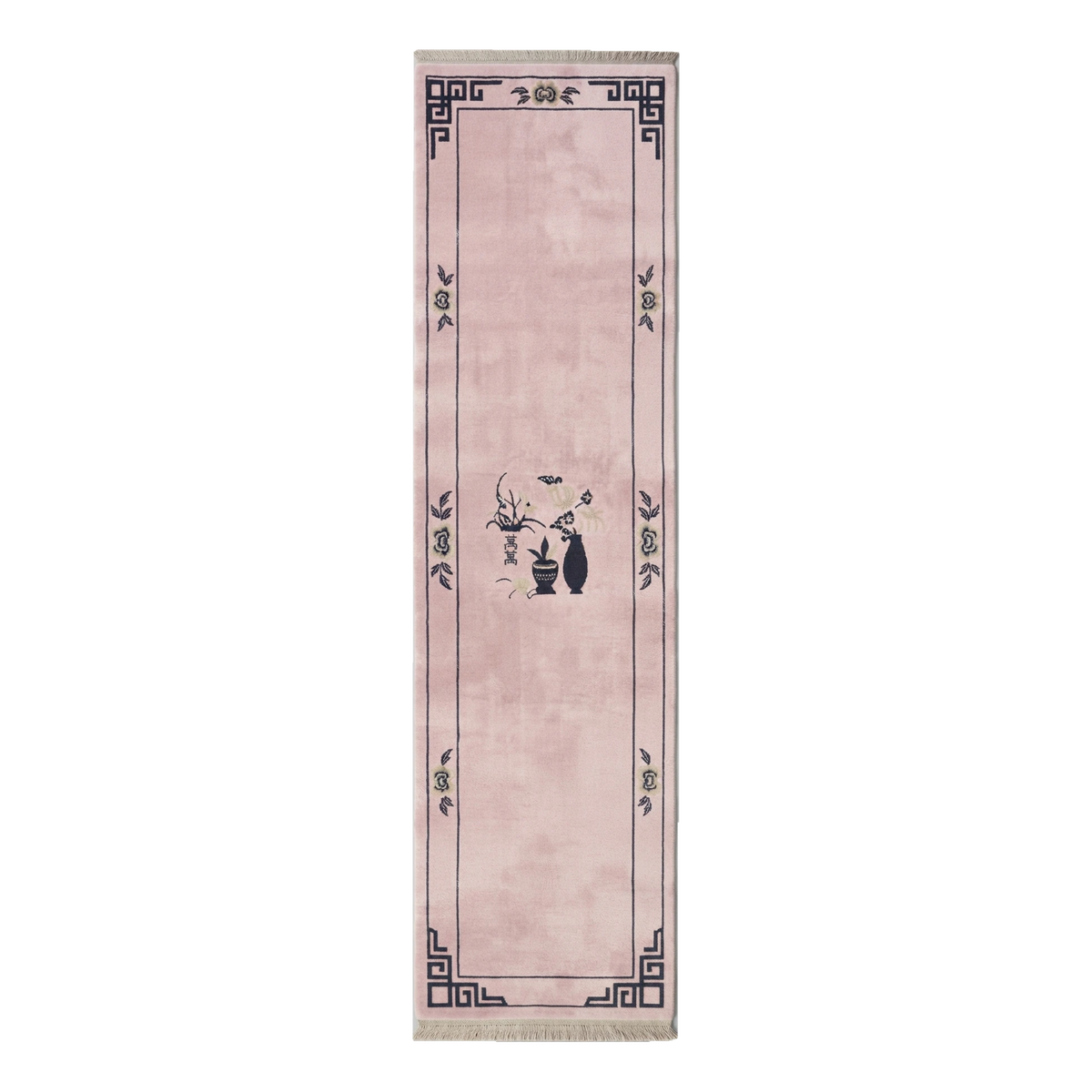Blush Pink Chinese Art Deco Hand-Knotted Runner with Charcoal Vase
