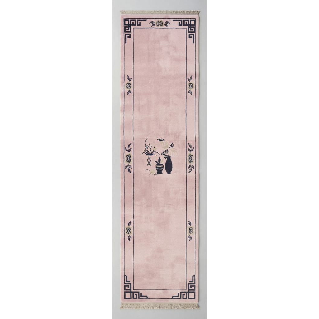 Blush Pink Chinese Art Deco Hand-Knotted Runner with Charcoal Vase - studio photo