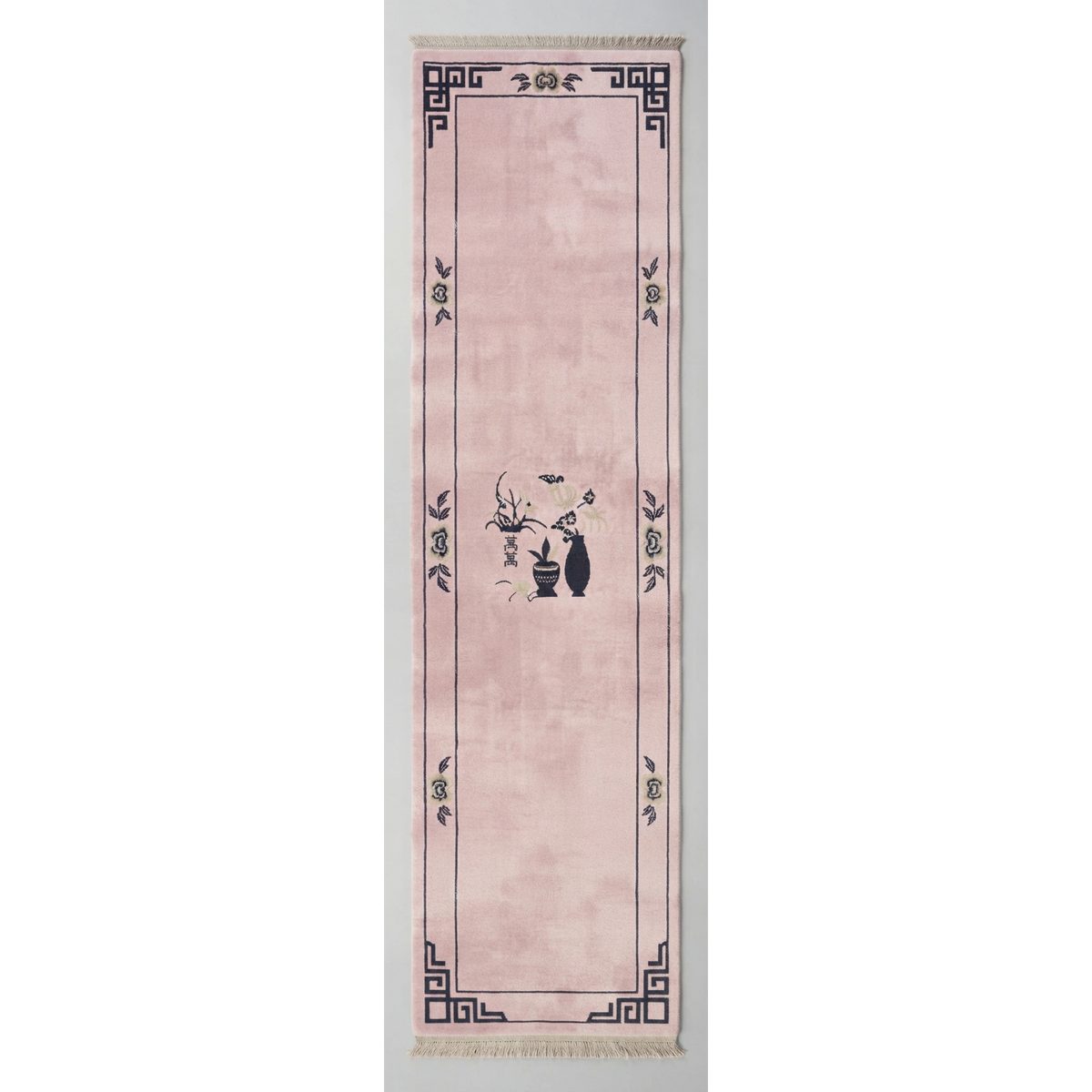 Blush Pink Chinese Art Deco Hand-Knotted Runner with Charcoal Vase - studio photo