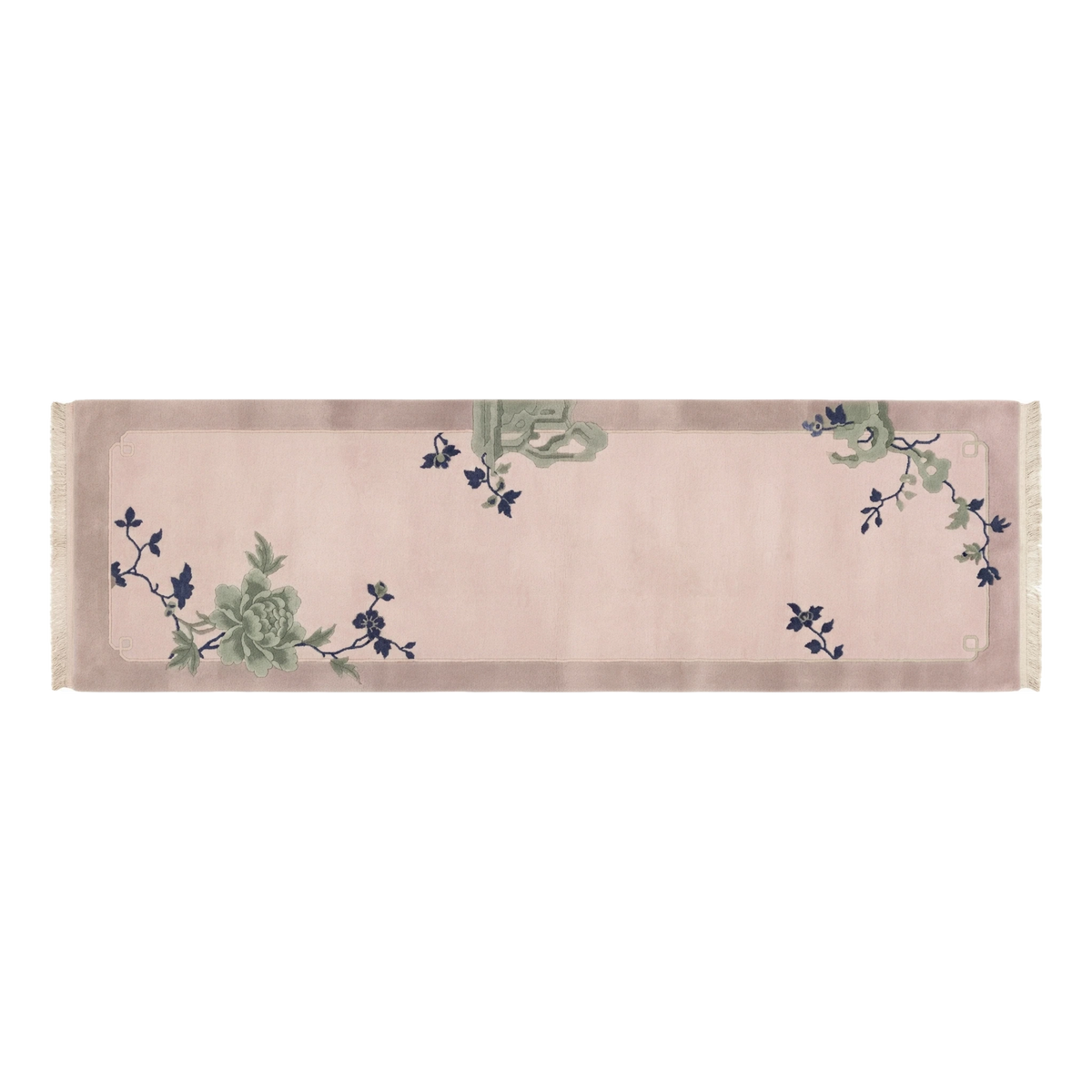 Blush Pink Chinese Art Deco Hand-Knotted Runner with Sage Peonies - alternate view
