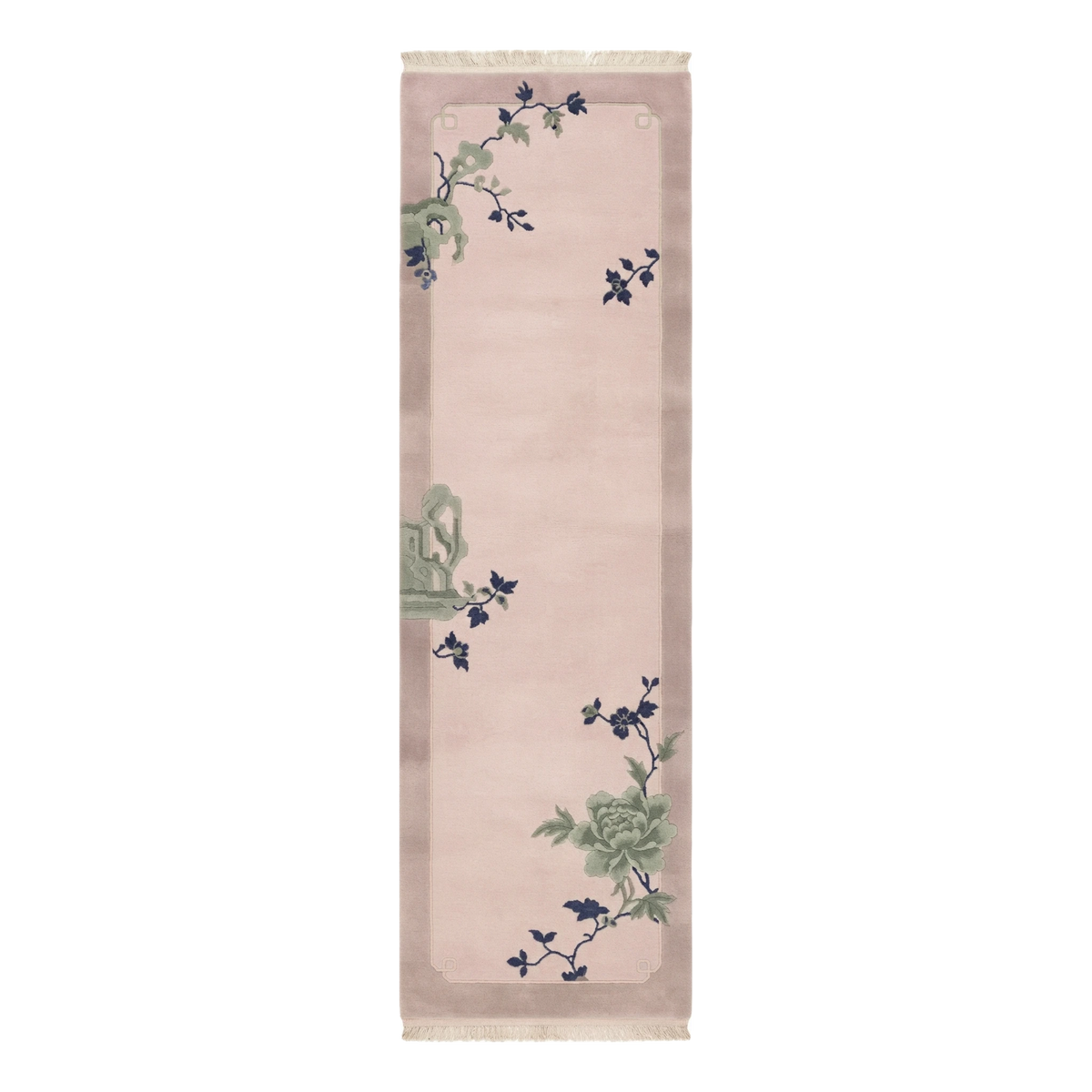 Blush Pink Chinese Art Deco Hand-Knotted Runner with Sage Peonies