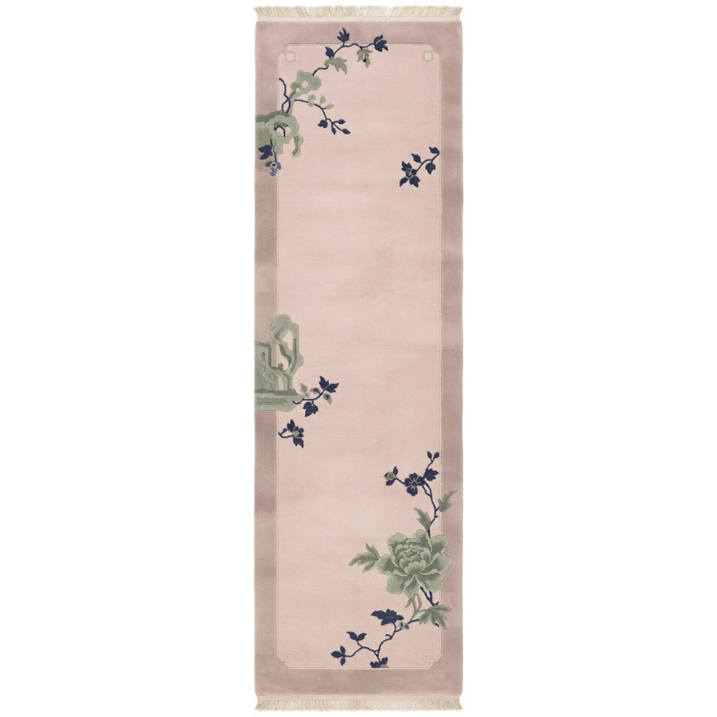 Blush Pink Chinese Art Deco Hand-Knotted Runner with Sage Peonies - studio photo