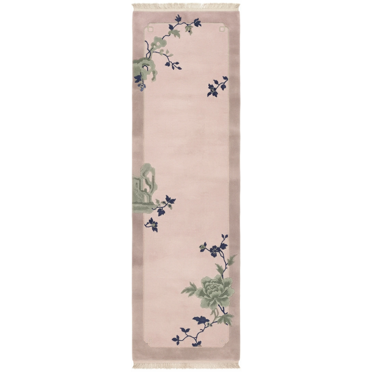 Blush Pink Chinese Art Deco Hand-Knotted Runner with Sage Peonies - studio photo