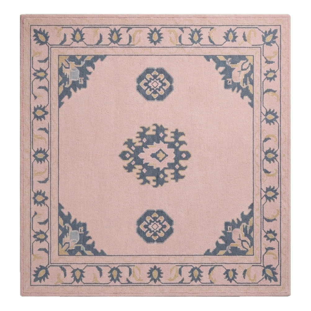 Blush Pink Chinese Art Deco Hand-Tufted Rug with Slate Blue Border - alternate view