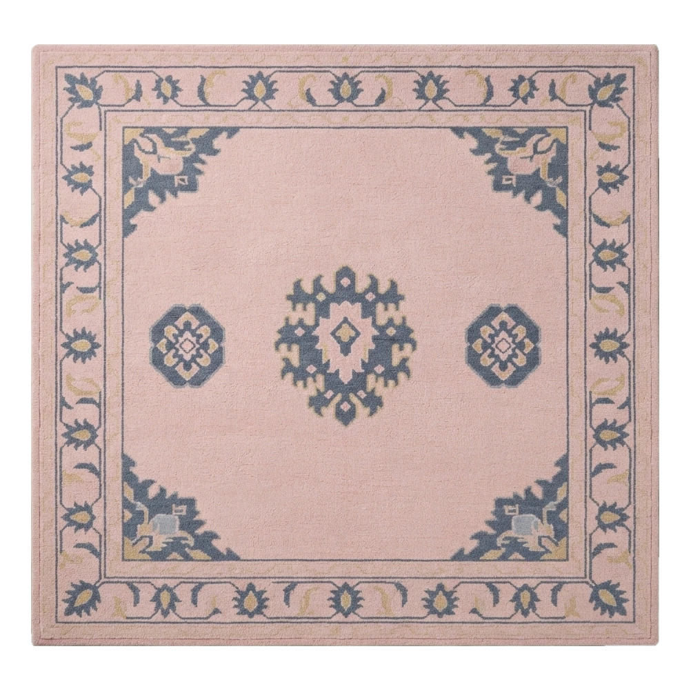 Blush Pink Chinese Art Deco Hand-Tufted Rug with Slate Blue Border
