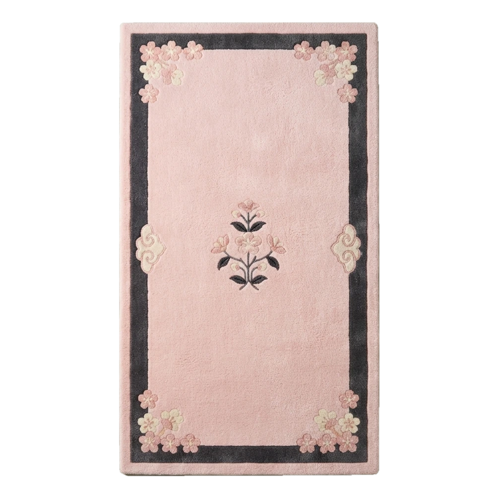 Blush Pink Chinese Art Deco Hand-Tufted Runner with Charcoal Border