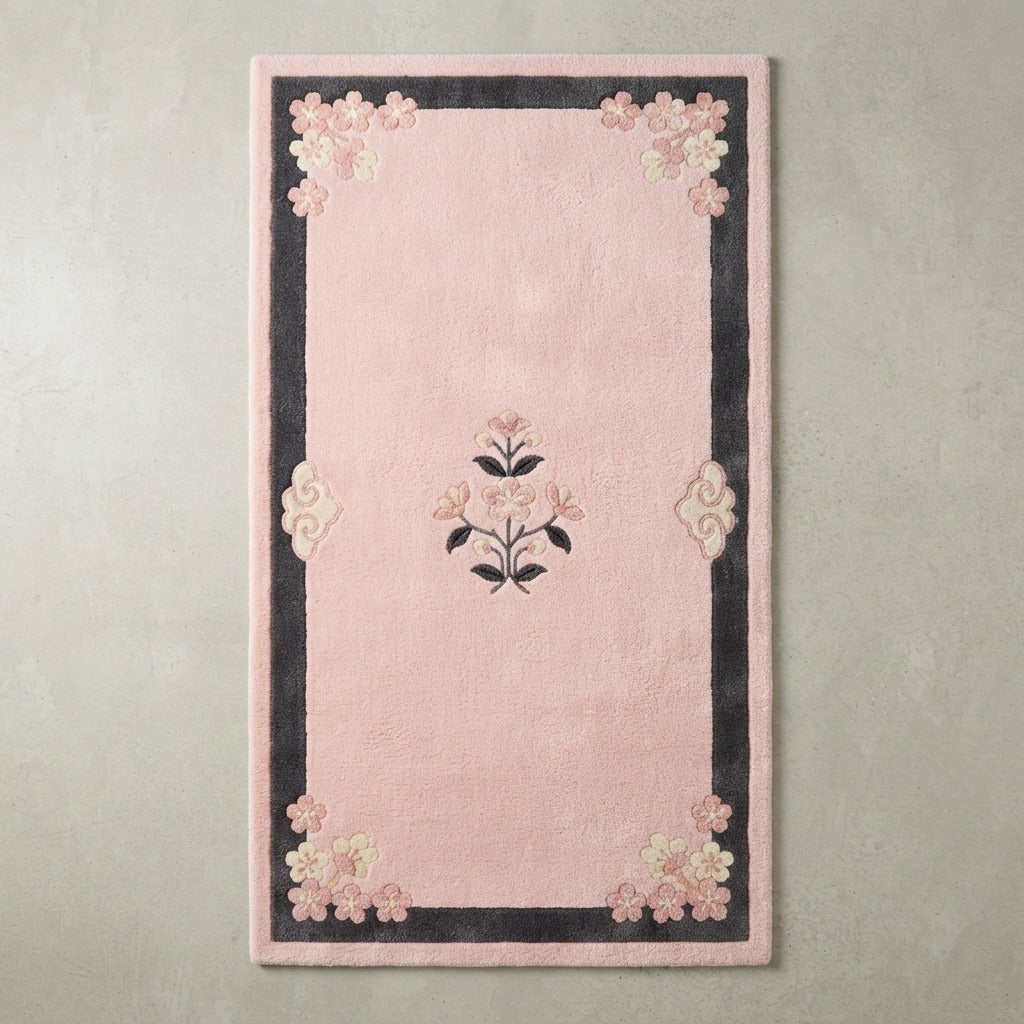 Blush Pink Chinese Art Deco Hand-Tufted Runner with Charcoal Border - studio photo