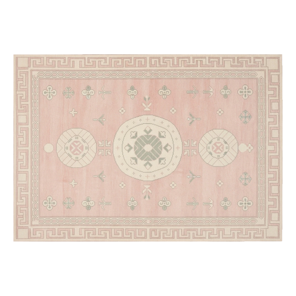 Blush Pink Chinese Medallion Hand-Knotted Rug with Greek Key Border - alternate view