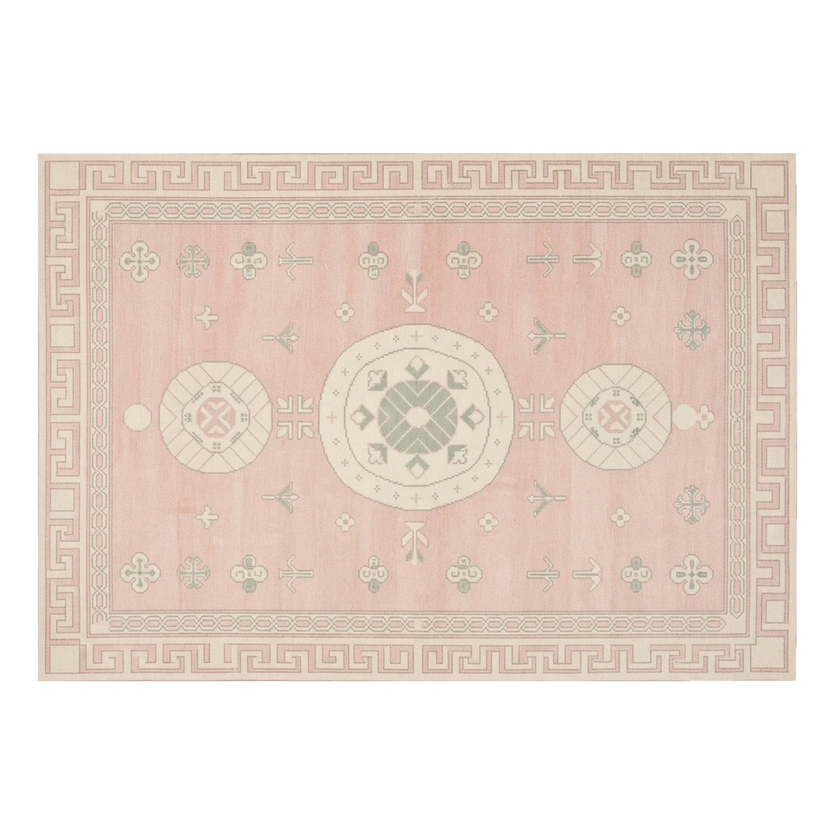 Blush Pink Chinese Medallion Hand-Knotted Rug with Greek Key Border - alternate view