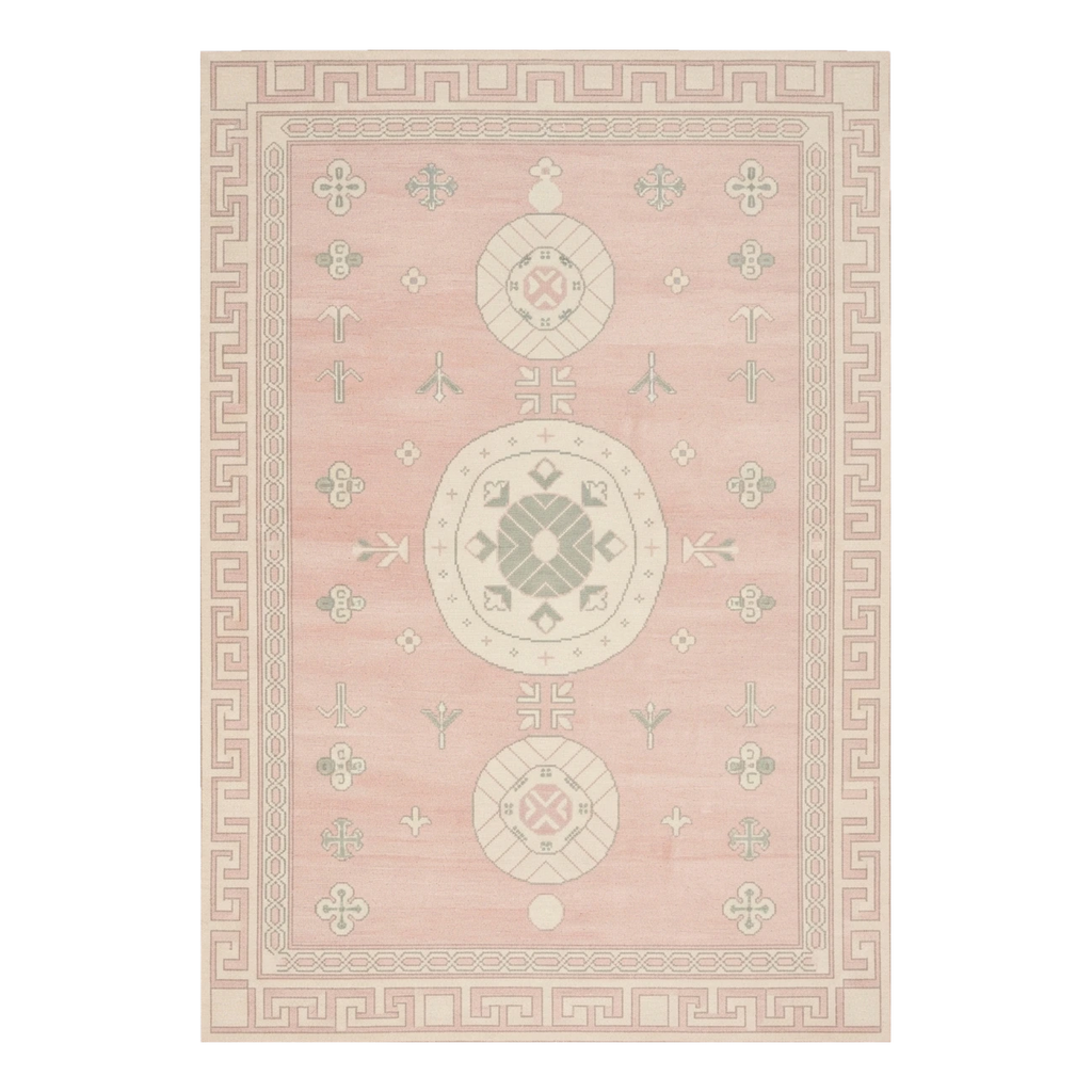 Blush Pink Chinese Medallion Hand-Knotted Rug with Greek Key Border