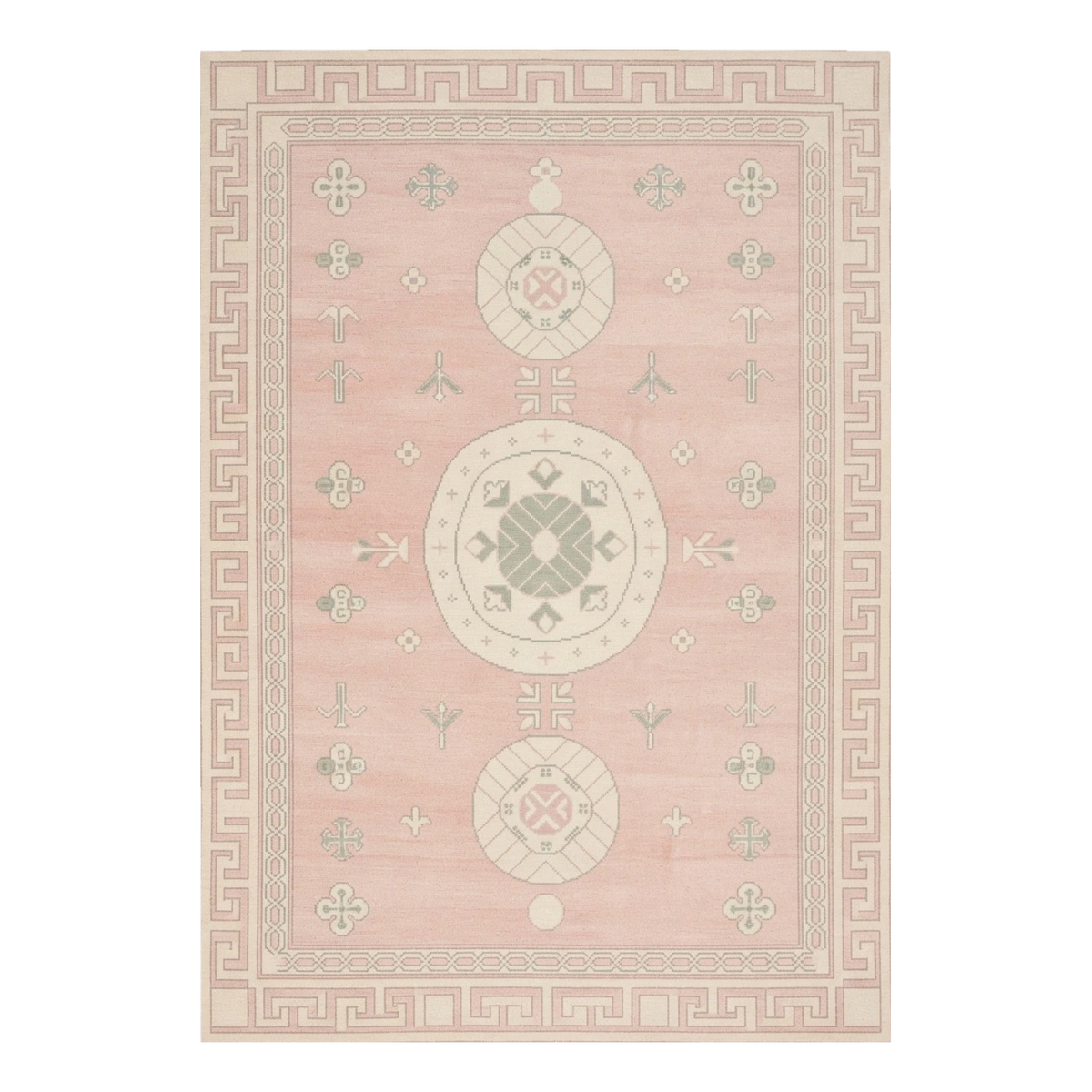 Blush Pink Chinese Medallion Hand-Knotted Rug with Greek Key Border