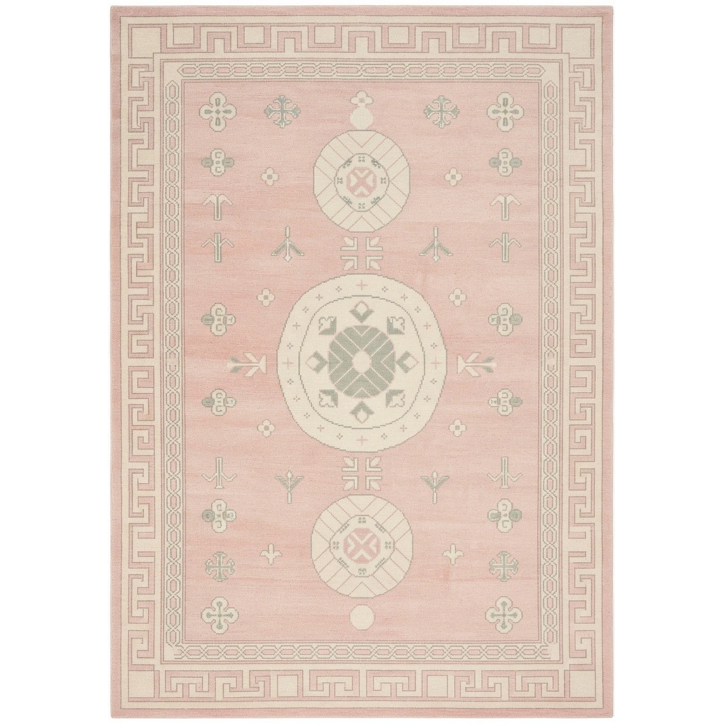 Blush Pink Chinese Medallion Hand-Knotted Rug with Greek Key Border - studio photo