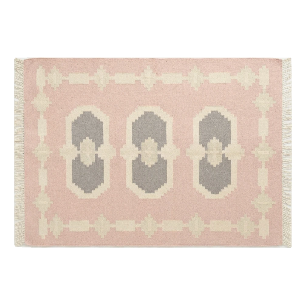 Blush Pink Cotton Flat Weave Rug with Grey Hexagon Medallions - alternate view