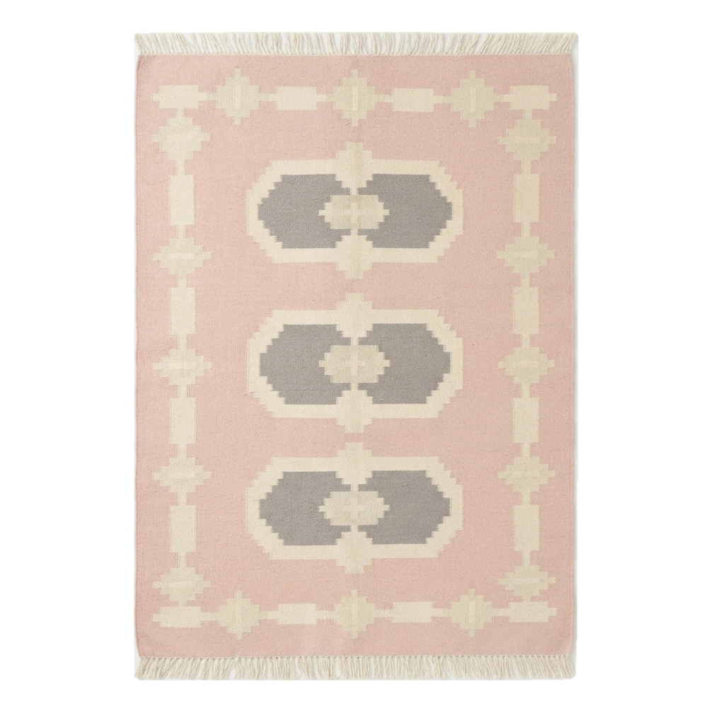 Blush Pink Cotton Flat Weave Rug with Grey Hexagon Medallions