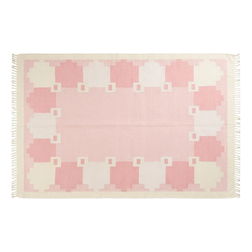 Blush Pink Cotton Flat Weave Rug with Ivory Scalloped Border - alternate view