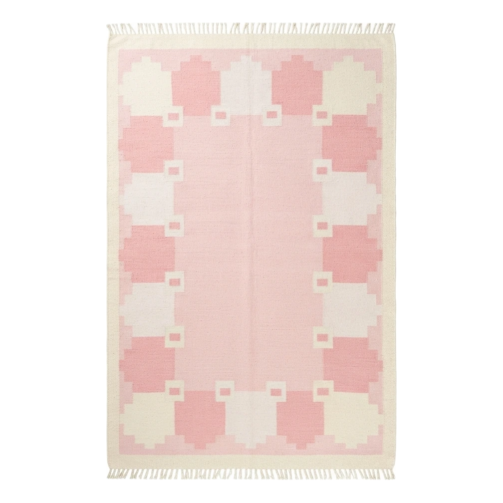 Blush Pink Cotton Flat Weave Rug with Ivory Scalloped Border