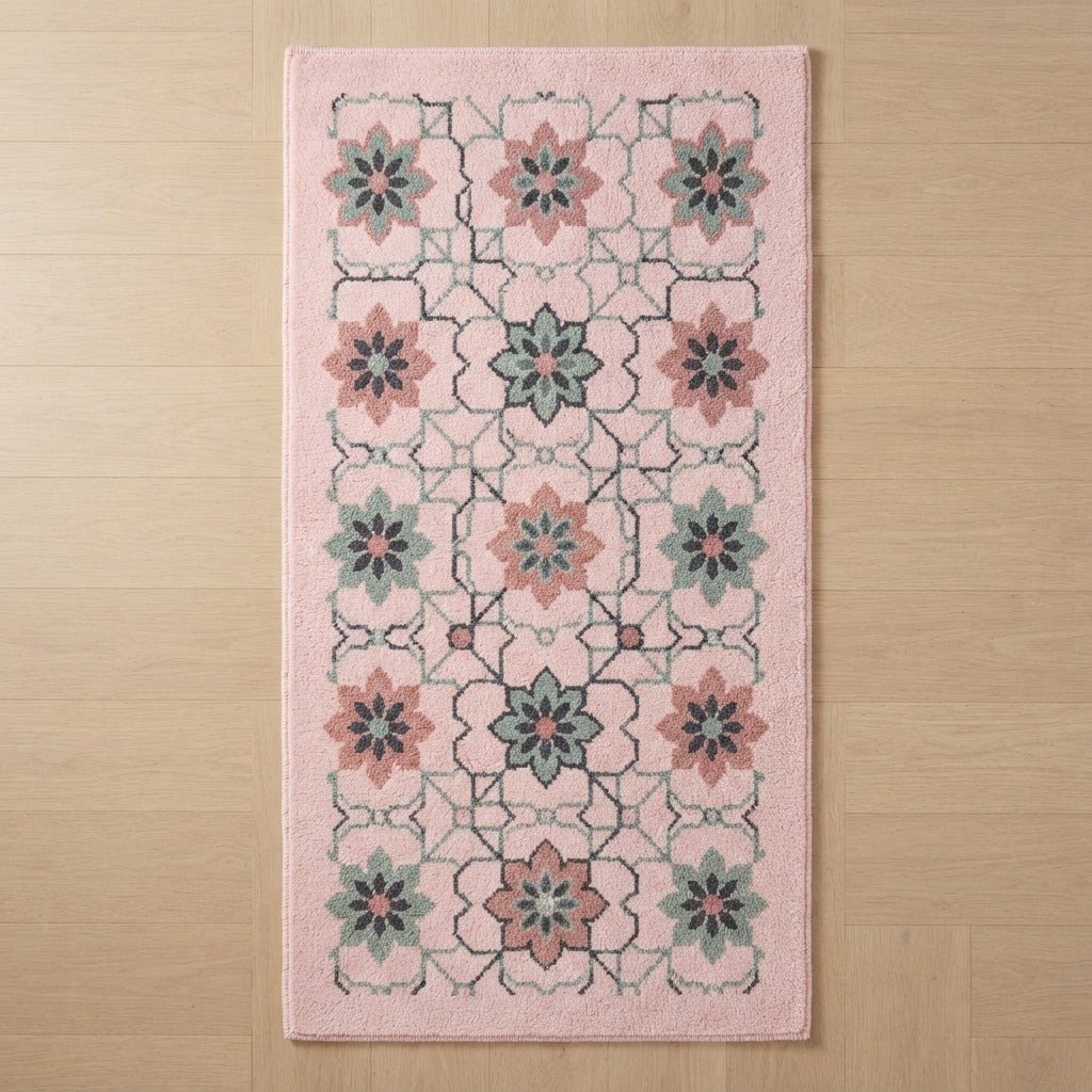 Blush Pink Floral Lattice Hand-Tufted Runner with Sage Blooms - studio photo