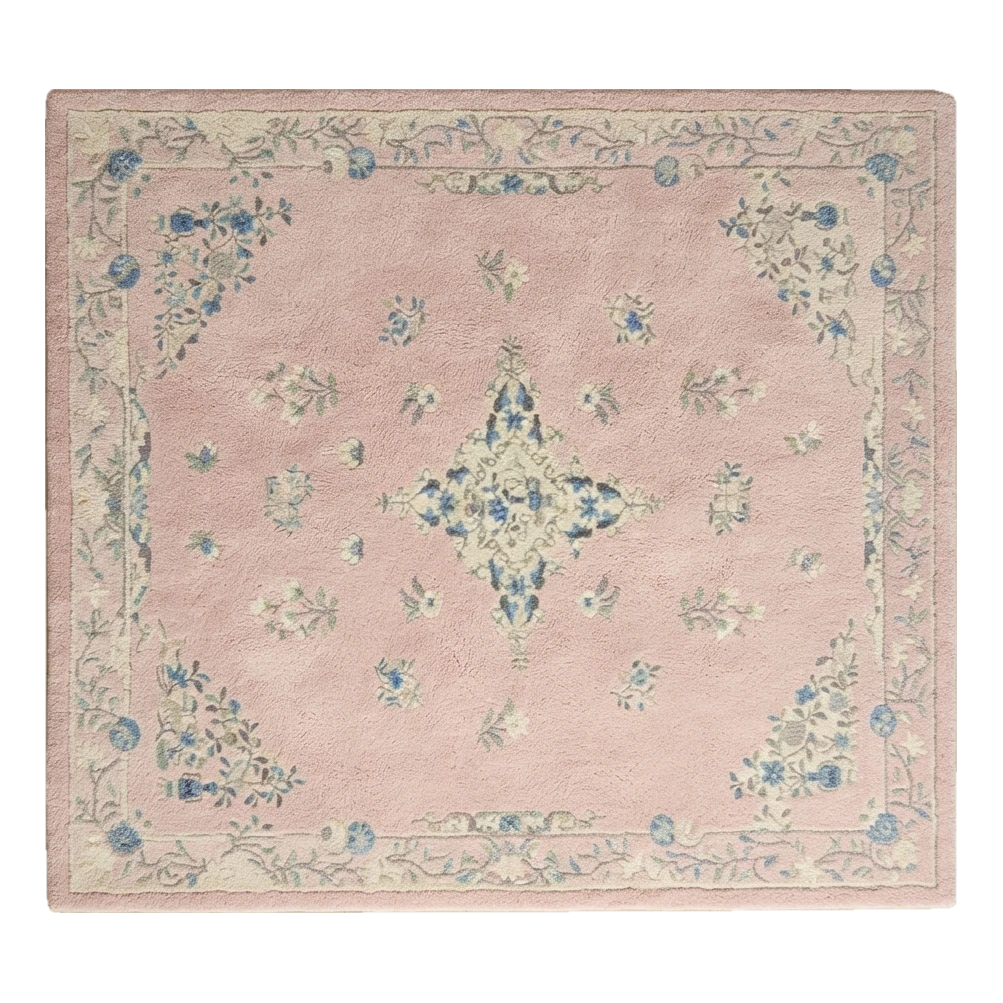 Blush Pink Floral Medallion Hand-Tufted Rug with Cornflower Vine Border - alternate view
