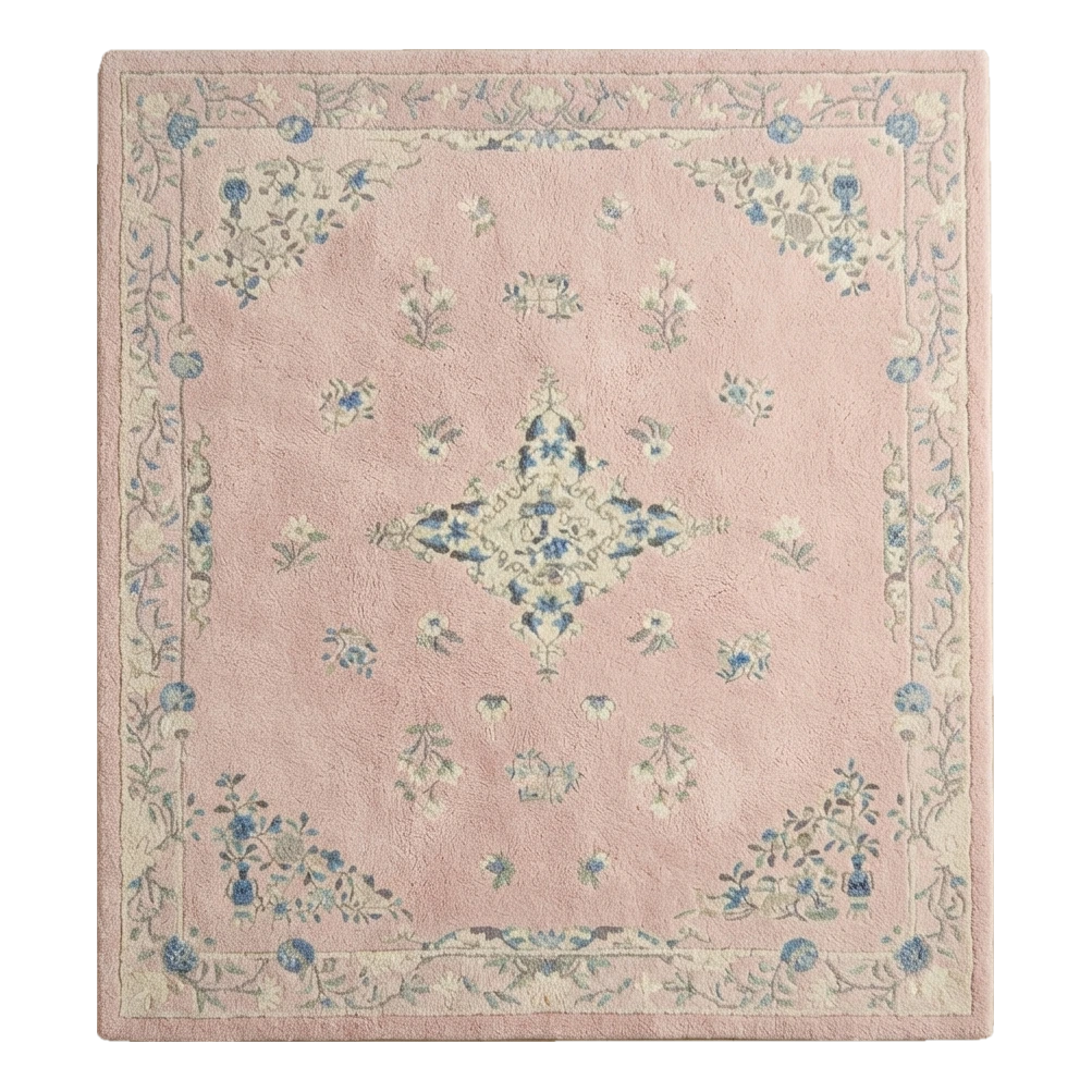 Blush Pink Floral Medallion Hand-Tufted Rug with Cornflower Vine Border
