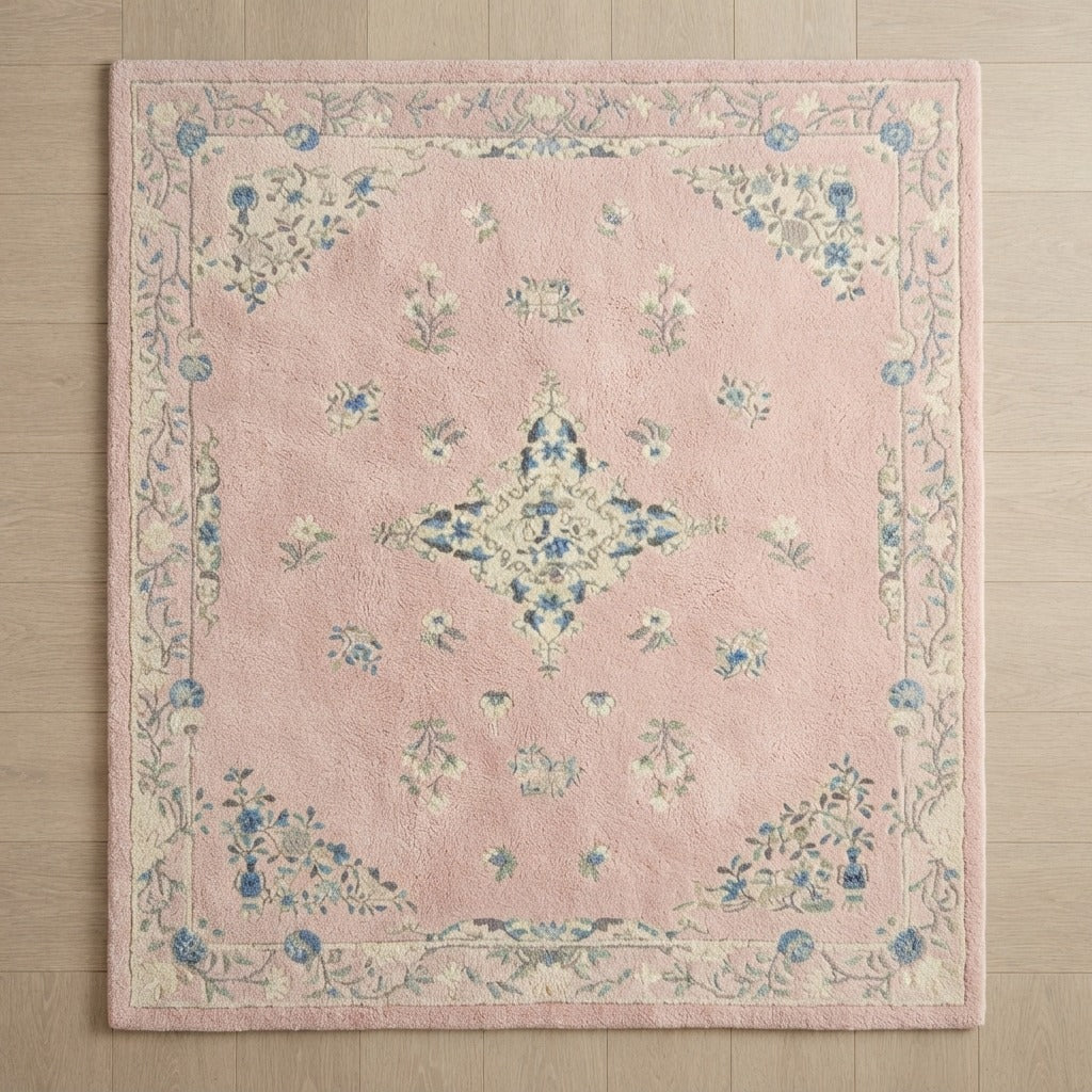 Blush Pink Floral Medallion Hand-Tufted Rug with Cornflower Vine Border - studio photo