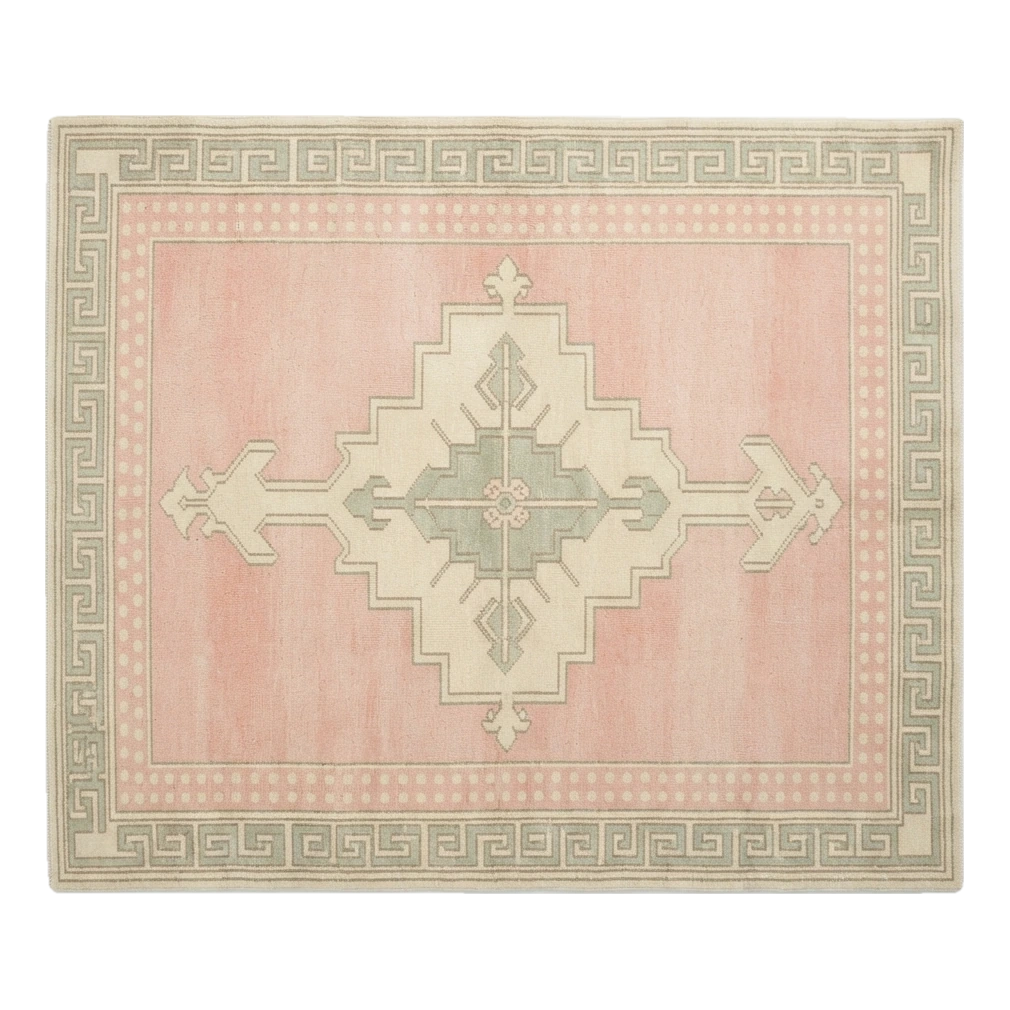 Blush Pink Hand-Knotted Rug with Ivory Medallion and Greek Key Border - alternate view