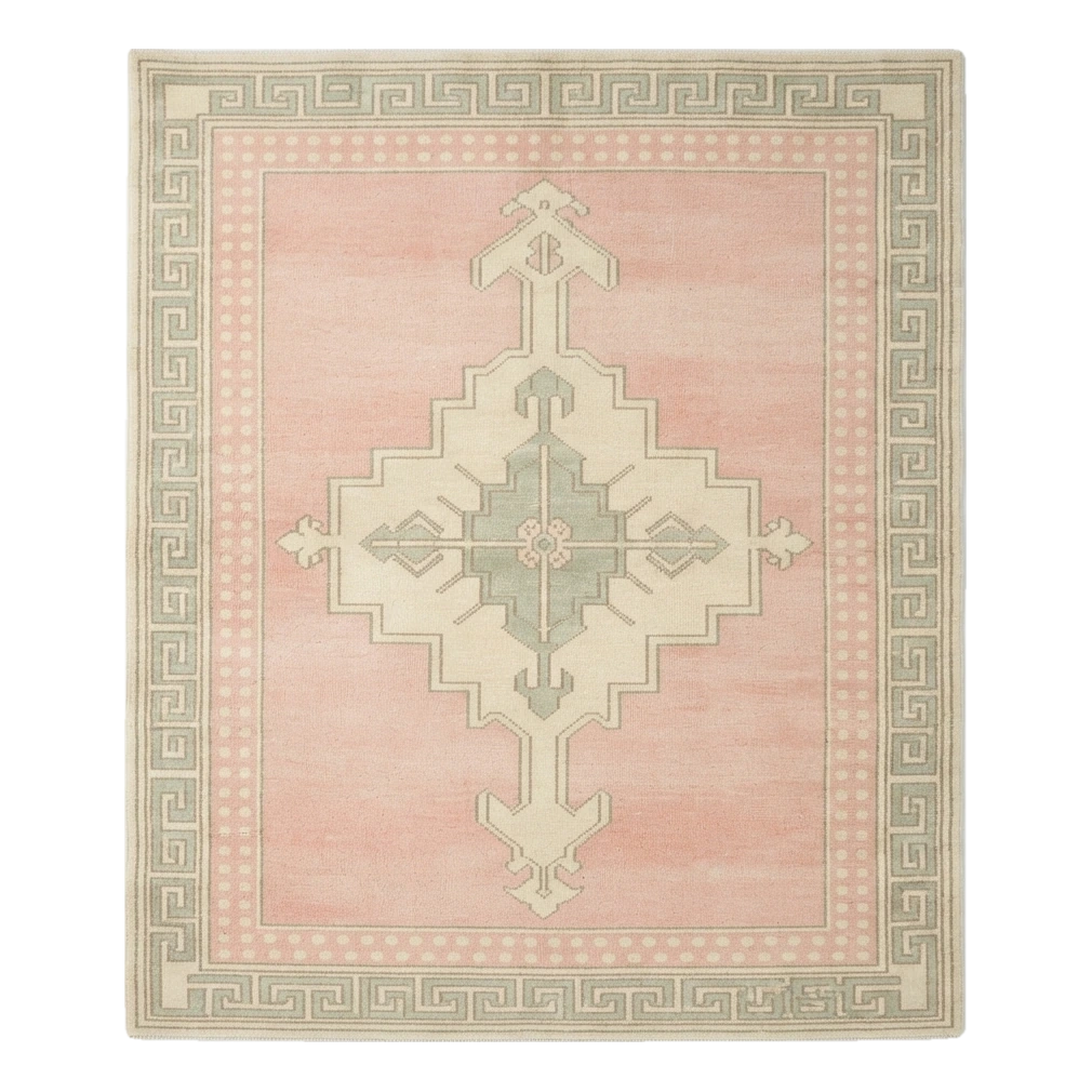 Blush Pink Hand-Knotted Rug with Ivory Medallion and Greek Key Border