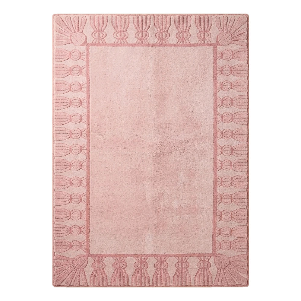 Blush Pink Hand-Tufted Rug with Carved Fan Tassel Border