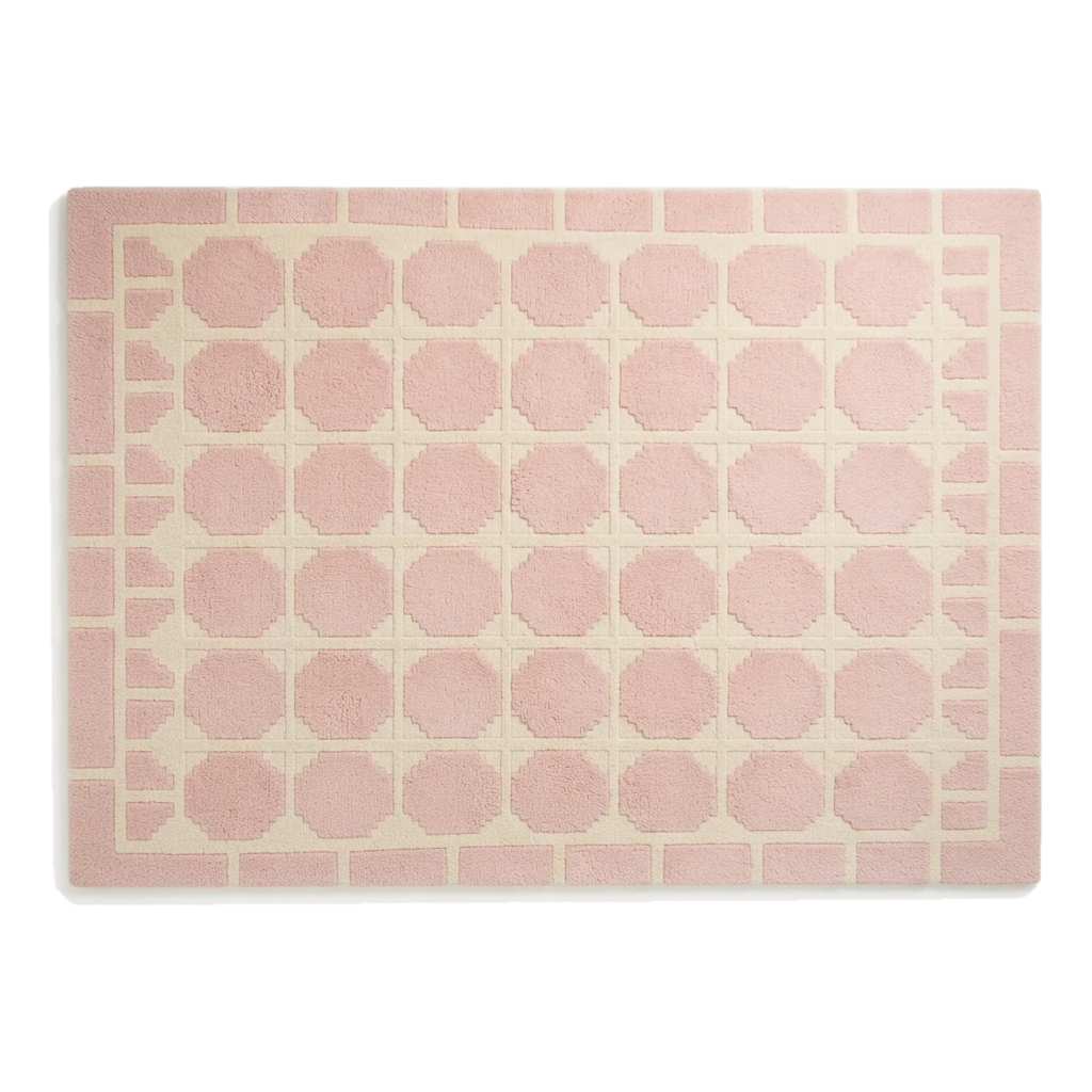 Blush Pink Hand-Tufted Rug with Cream Octagon Tiles - alternate view