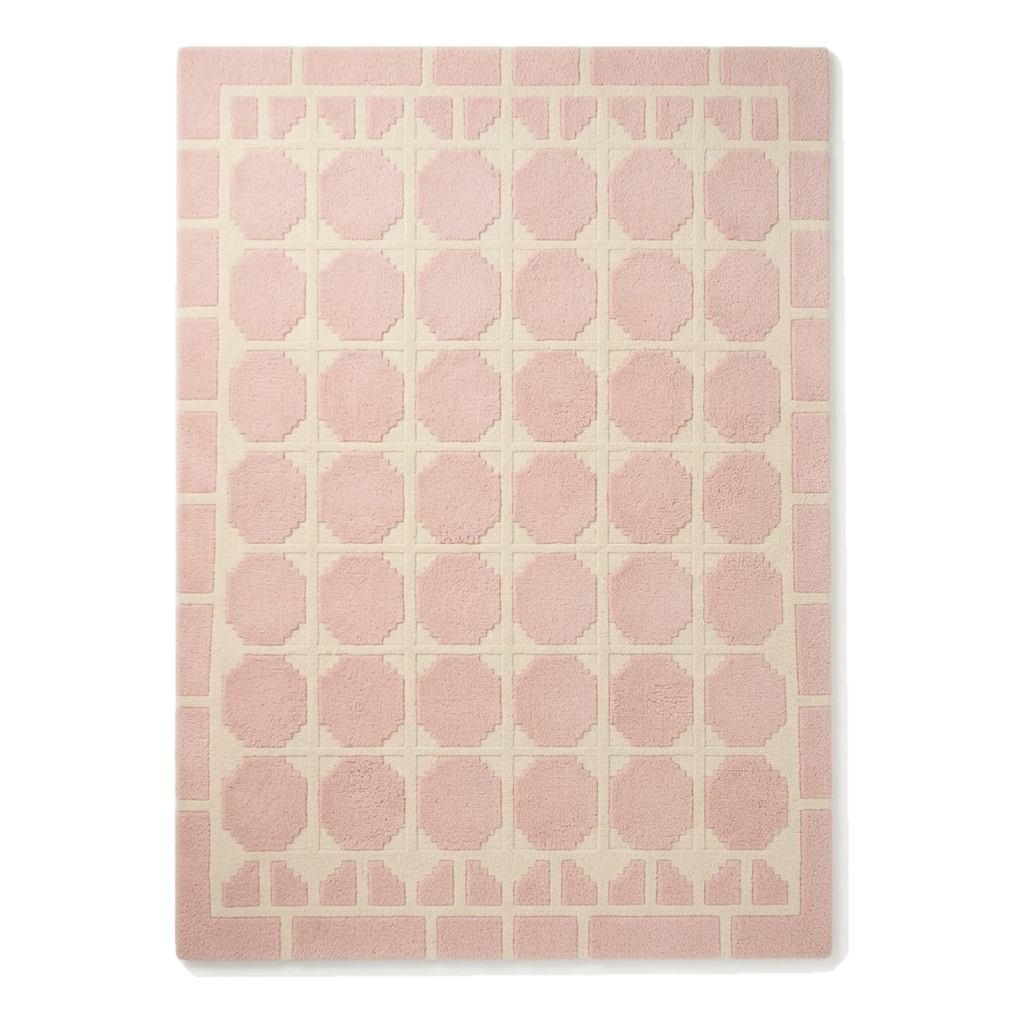 Blush Pink Hand-Tufted Rug with Cream Octagon Tiles