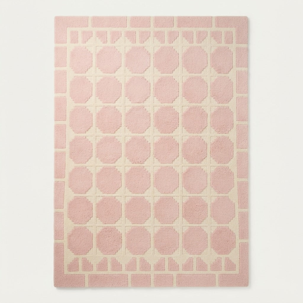 Blush Pink Hand-Tufted Rug with Cream Octagon Tiles - studio photo