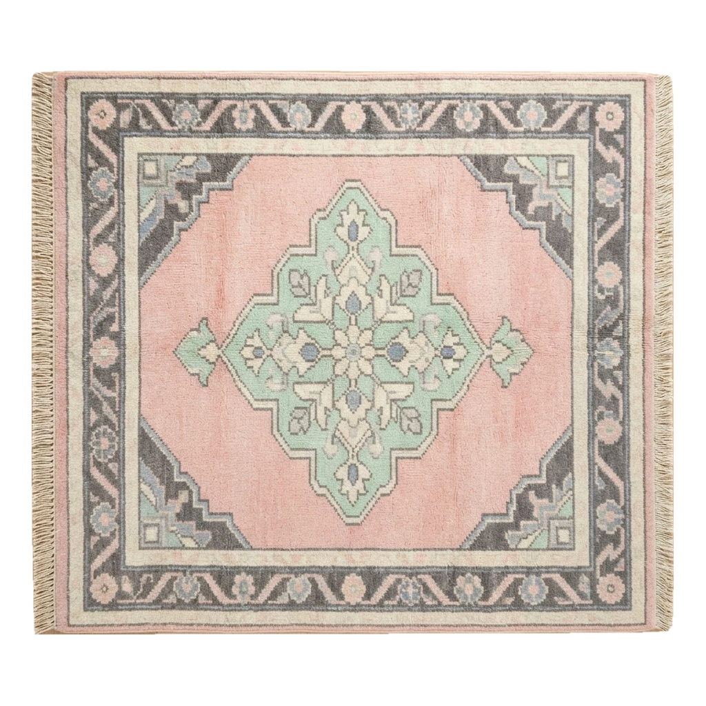 Blush Pink Medallion Hand-Knotted Rug with Mint and Charcoal Border - alternate view