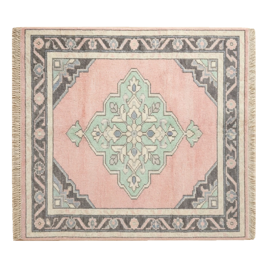 Blush Pink Medallion Hand-Knotted Rug with Mint and Charcoal Border - alternate view