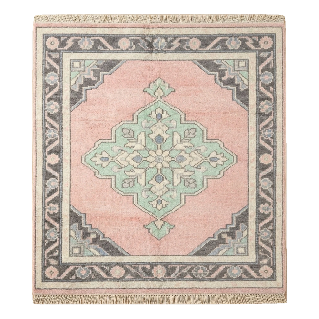 Blush Pink Medallion Hand-Knotted Rug with Mint and Charcoal Border