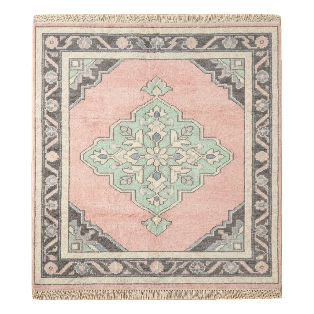 Blush Pink Medallion Hand-Knotted Rug with Mint and Charcoal Border