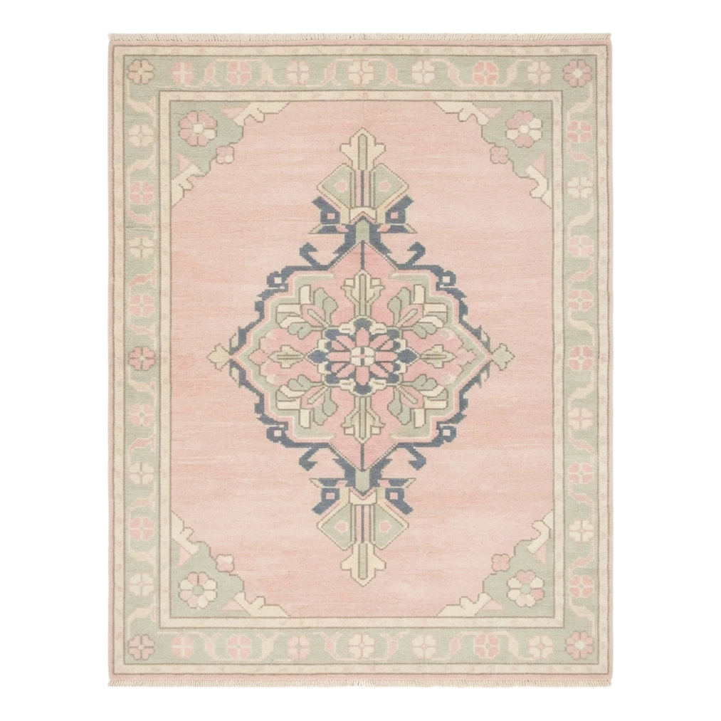 Blush Pink Medallion Hand-Knotted Rug with Sage and Slate Accents - alternate view