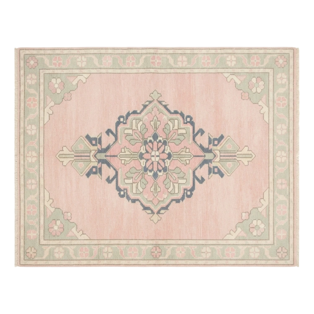 Blush Pink Medallion Hand-Knotted Rug with Sage and Slate Accents