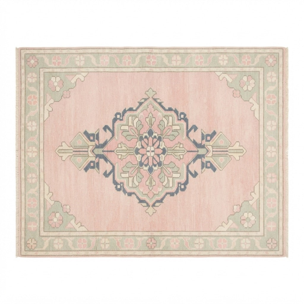 Blush Pink Medallion Hand-Knotted Rug with Sage and Slate Accents - studio photo