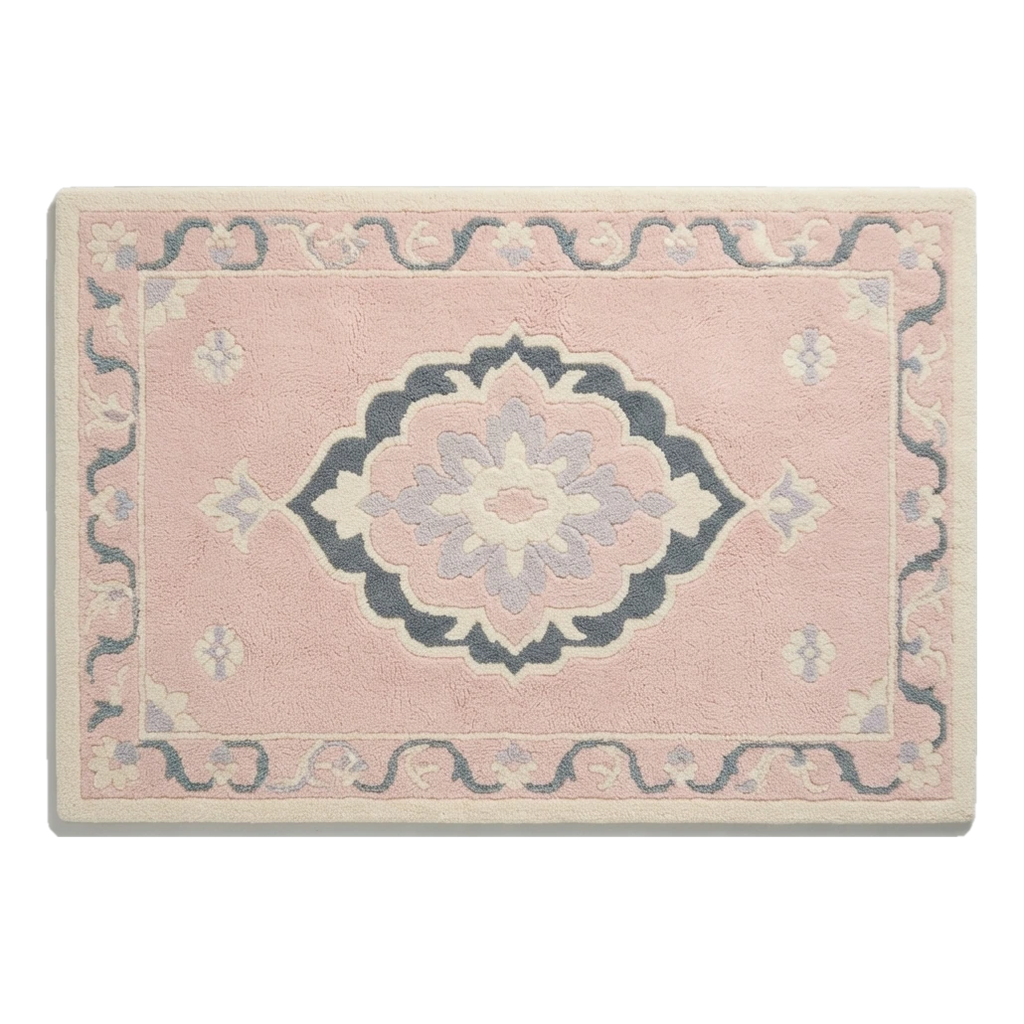Blush Pink Medallion Hand-Tufted Rug with Slate Blue Scroll Border - alternate view