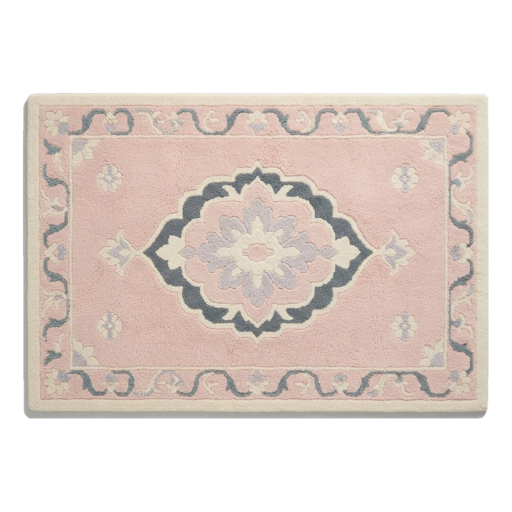 Blush Pink Medallion Hand-Tufted Rug with Slate Blue Scroll Border - alternate view