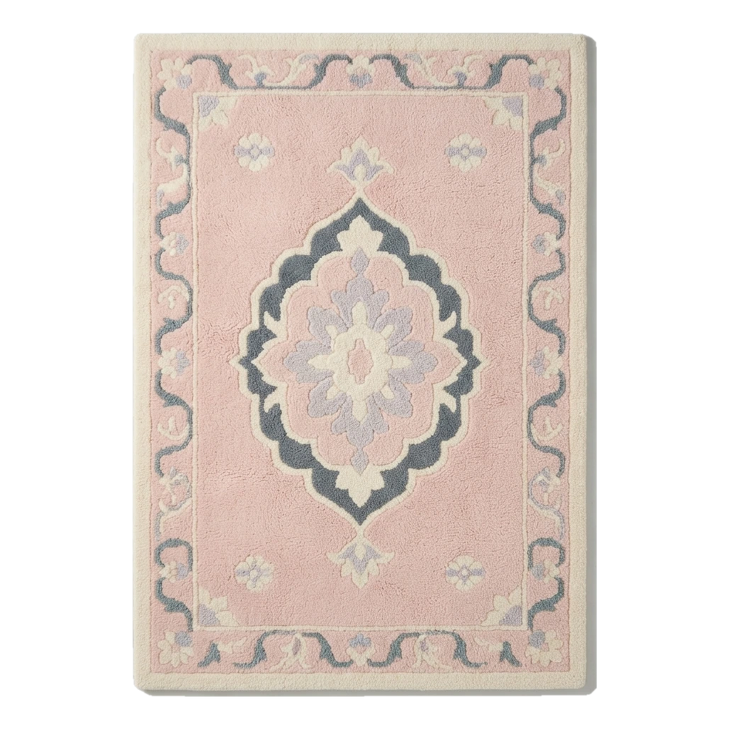 Blush Pink Medallion Hand-Tufted Rug with Slate Blue Scroll Border