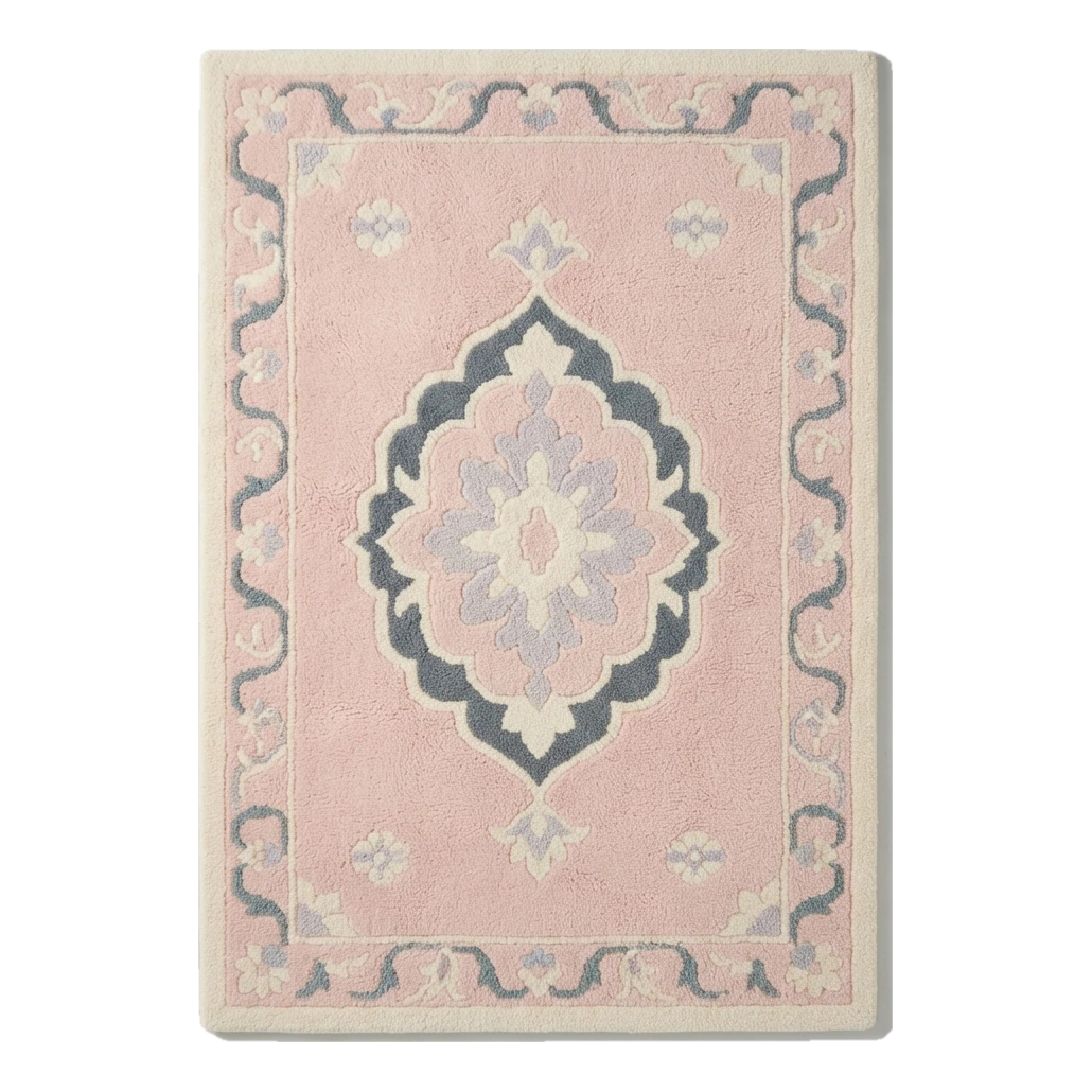 Blush Pink Medallion Hand-Tufted Rug with Slate Blue Scroll Border