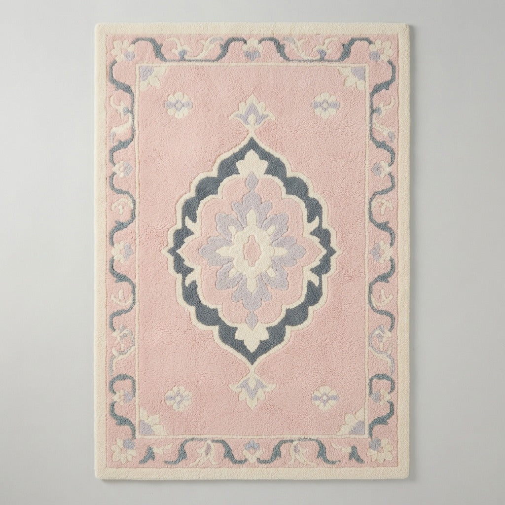 Blush Pink Medallion Hand-Tufted Rug with Slate Blue Scroll Border - studio photo