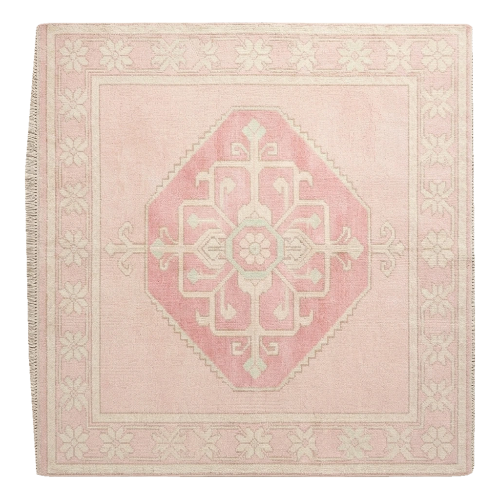 Blush Pink Medallion Square Hand-Knotted Rug with Ivory Floral Border - alternate view