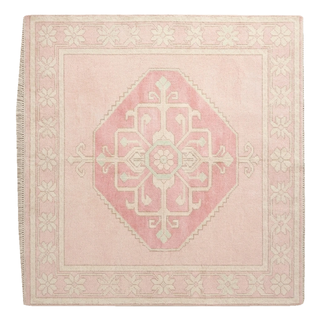 Blush Pink Medallion Square Hand-Knotted Rug with Ivory Floral Border - alternate view