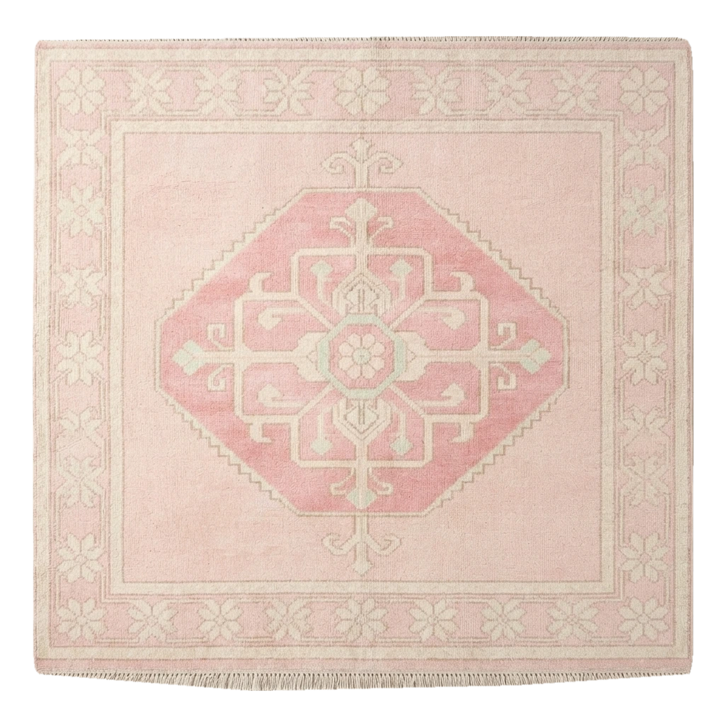 Blush Pink Medallion Square Hand-Knotted Rug with Ivory Floral Border