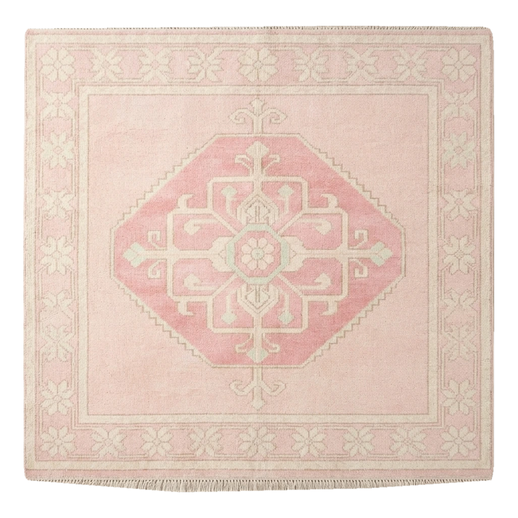 Blush Pink Medallion Square Hand-Knotted Rug with Ivory Floral Border
