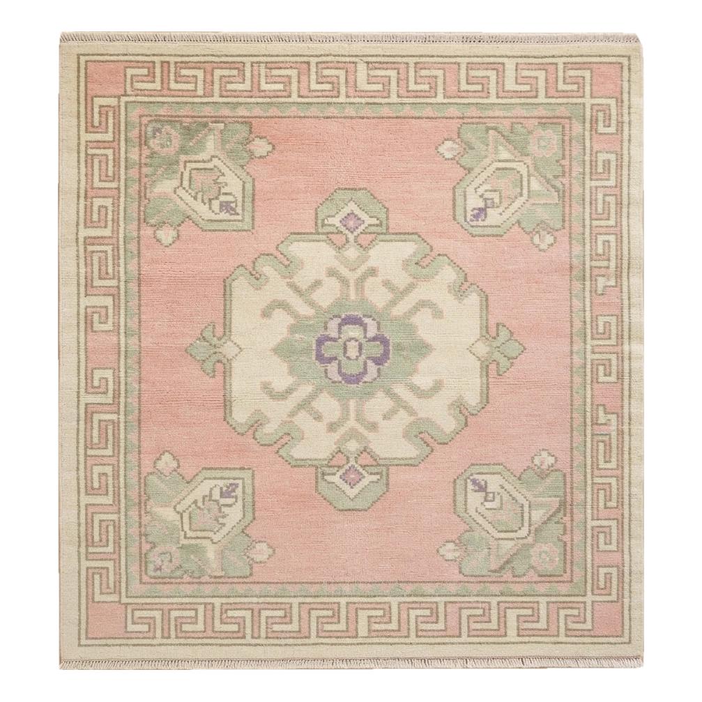 Blush Pink Medallion Square Hand-Knotted Rug with Ivory Greek Key Border - alternate view
