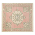 Blush Pink Medallion Square Hand-Knotted Rug with Ivory Greek Key Border