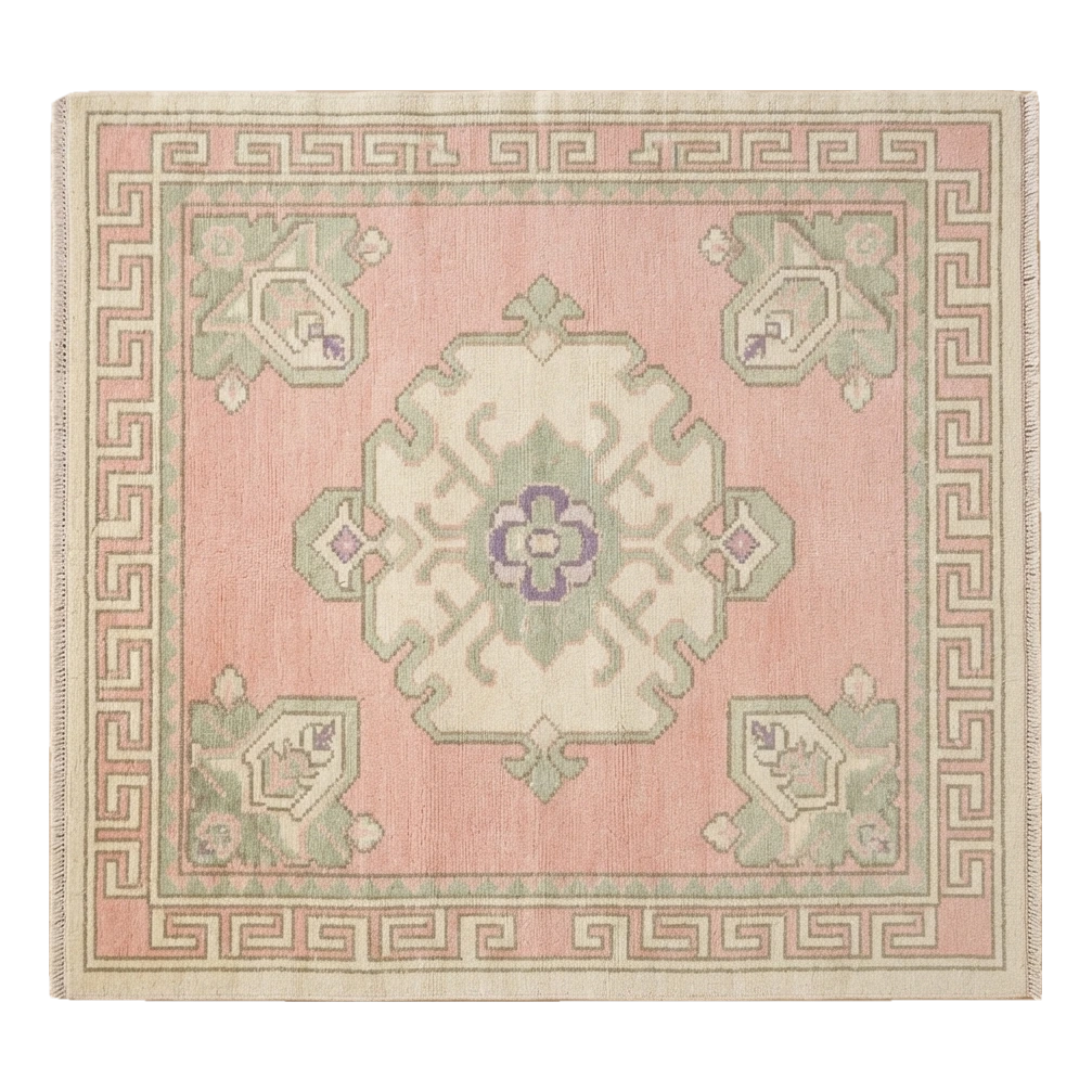 Blush Pink Medallion Square Hand-Knotted Rug with Ivory Greek Key Border