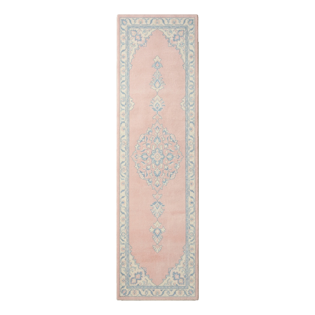 Blush Pink Persian Medallion Hand-Tufted Runner with Powder Blue Border